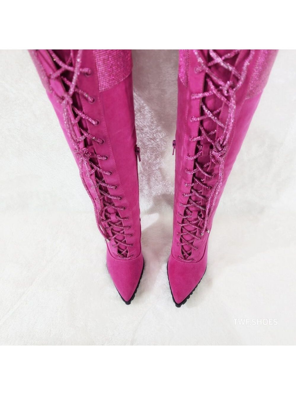 Queens FX Suede & Rhinestone Pointy Toe High Heels Stiletto Lace Up Knee Boots - Picture 3 of 14